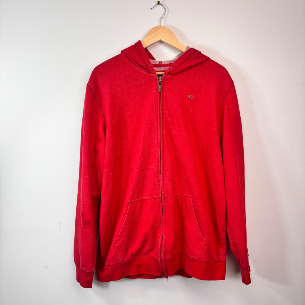 O'Neill Red Full Zip Hoodie XL Faded Surf Skate Y2K Style Thumbhole Sweatshirt